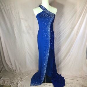 One-Shoulder Royal Blue Evening Gown with Crystal Accents Size Small Medium